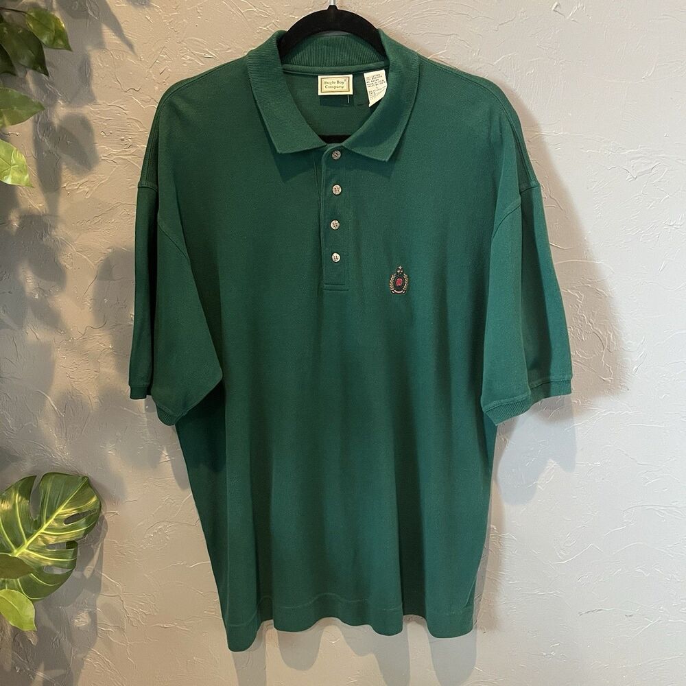 VTG Bugle Boy Polo Shirt Mens L Green Pique Crest Embroidered Preppy Y2K Indie